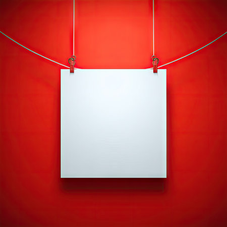 A blank white square canvas hanging on a red wall in an empty room, creating a visually striking contrast and symbolizing the potential for creative expression or artistic expression. The simplicity of the composition is highlighted by the stark color palette, making it ideal as a mockup for artwork. This scene could be used to showcase art pieces, design elements, or graphic content against a contrasting background. --chaos 40 --v 7 Job ID: 9b02c62a-b812-4fe4-ada9-f10c0e9033c6の素材