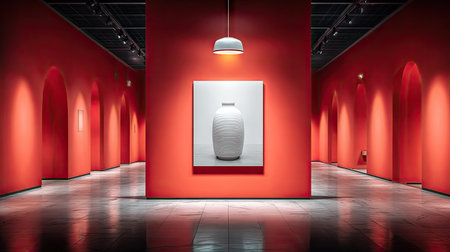 A blank white square canvas hanging on the wall of an art gallery, with a red background, in the style of hyperrealistic art. --chaos 30 --ar 16:9 --stylize 750 --v 7 Job ID: 8e24dd43-7607-406c-af37-584ea80d56f1の素材