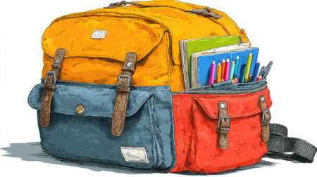 A cartoon school backpack with books, pencils, and pens vector illustration isolated on a white background, 8k, in a doodle style, simple, high in detail, with no shading in the details of the drawing. White background, colored, cute school bag clipart, isolated elements for design, cartoon, colorful, school theme. --chaos 30 --ar 16:9 --stylize 750 --v 7 Job ID: 9bcd30de-8c2e-483a-943d-c18606646451の素材
