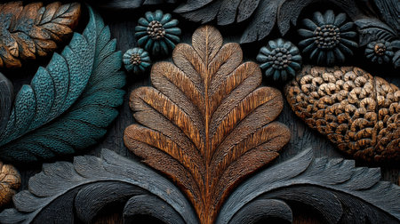 A close-up of leaves carved in wood, with a brown background, detailed foliage, a hyper-realistic sculpture, textured wallpaper, a seamless pattern, a nature-inspired installation, and a symmetrical design. --chaos 30 --ar 16:9 --stylize 750 --v 7 Job ID: c0cb7fac-ca97-4322-a98b-5e9d183520aeの素材