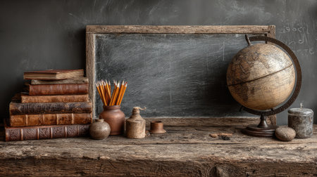 A chalkboard background with books and pencils, creating an atmosphere of learning and education. The photo is taken from the front perspective, focusing on one side of the blackboard where there's space for text or graphics. There's also a globe placed beside it. This setup creates a cozy yet professional look suitable as a backdrop in school-themed designs. --chaos 30 --ar 16:9 --stylize 750 --v 7 Job ID: ba74003f-7c6b-4f42-bfe2-ec5503720f6cの素材