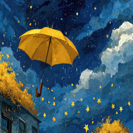 A yellow umbrella is floating in the air, surrounded by stars and raindrops. The background features a dark blue sky with scattered star shapes. It creates an atmosphere of mystery and romance. --chaos 30 --stylize 750 --v 7 Job ID: 7090334e-1bd6-4f52-98bf-17d05808e605の素材