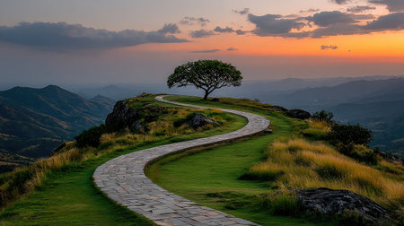 A winding path leading to the top of a green, grassy hill, with a lone tree standing tall on its side overlooking distant mountains at sunset. The trail is curving and detailed, with lush green grass covering its surface. A serene and peaceful scene. --chaos 20 --ar 16:9 --stylize 750 --v 7 Job ID: 444cf60e-3136-455c-9254-ec39a78619c0の素材