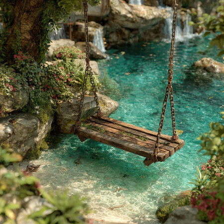 A wooden swing hanging from the trees, with a background of a blue lake and waterfall, blurred greenery in the foreground, in the style of a cartoon style, 3D rendering, minimalism, high resolution, high quality, high detail, sharp focus, studio photo, intricate details, highly detailed, macro shot, extremely detailed. --chaos 30 --stylize 750 --v 7 Job ID: 80bc9796-9342-4e62-91ab-02fc5b42611aの素材