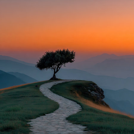 A winding path leading to the top of an emerald green hill, with a lone tree standing on its edge overlooking a beautiful valley at sunset. The trail is lined by lush grass, and there's a sense that something good lies beyond its end. It captures the essence of journeying towards your dream or goal. In the style of landscape photography. --chaos 30 --stylize 750 --v 7 Job ID: 34b91bb9-35f4-4c00-8786-281a1c999e3fの素材
