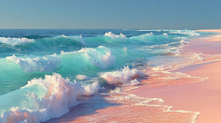 A wide shot of an empty beach with soft waves, a clear sky, and the ocean in shades of blue and pink. The sand is light brown, and there's space for text on one side. This design would be perfect as a background or backdrop for travel advertising, social media posts, mobile applications, Instagram images, or graphics. It could also convey the feeling of relaxation by combining elements like the sea, sandy shore, and clear skies. --ar 16:9 --quality 2 --stylize 750 --v 7 Job ID: ff964b05-bd7a-478d-aac9-dc862cca5eb5の素材