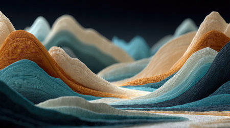 Minimalist abstract wallpaper of a 3D landscape with soft, flowing waves in shades of blue and beige on a black background. The design is simple yet elegant, perfect for a mobile phone or tablet home screen. --ar 16:9 --quality 2 --stylize 750 --v 7 Job ID: 68c519b2-632e-42cd-9233-bb2361c8160aの素材