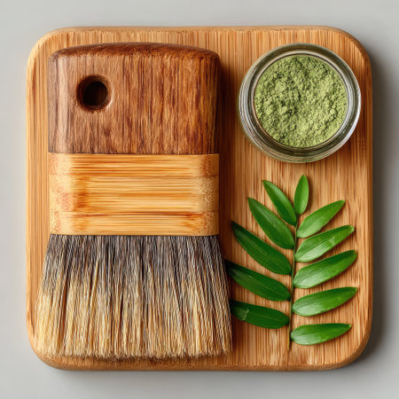 Minimalist bamboo board with a brush and palm leaf on a white background, flat lay. Simple eco-friendly product concept for your design project. --chaos 30 --stylize 750 --v 7 Job ID: a49f95ee-47e9-40a1-bdb5-d25c446b10b5の素材