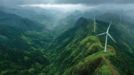 Panoramic photo of wind turbines on rolling hills in Thailand, with lush greenery and trees. --chaos 20 --ar 16:9 --stylize 750 --v 7 Job ID: b827f4f4-93c0-4d1b-881d-60a312083bb7の素材