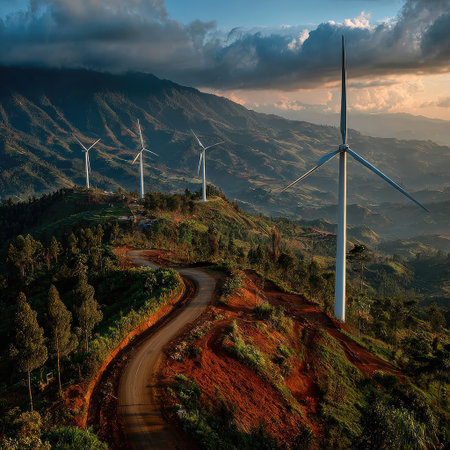 Panoramic photo of wind turbines on rolling hills in Thailand, with lush greenery and red soil, set against a beautiful sky, creating a cinematic scene. --chaos 30 --stylize 750 --v 7 Job ID: 1247dd4c-fbd9-427f-ad0b-457fe7115de0の素材