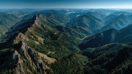 Panoramic view of the mountains in Waldorf, Germany, with green forests and a foggy valley below, against a clear blue sky. Captured using a Canon EOS R5. --chaos 20 --ar 16:9 --stylize 750 --v 7 Job ID: 339cb940-663f-4c48-8bb3-456c0e5659d5の素材