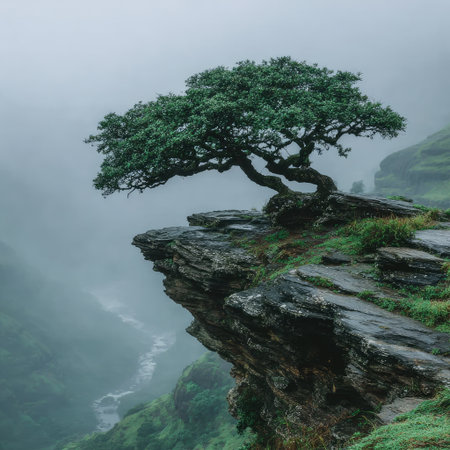 Photo of a lone tree standing on the edge of a cliff overlooking a misty valley, symbolizing strength and resilience in life's challenges. Web banner with copy space on the right. --chaos 30 --stylize 750 --v 7 Job ID: 766755c6-d249-450e-9d88-6b908aacc611の素材