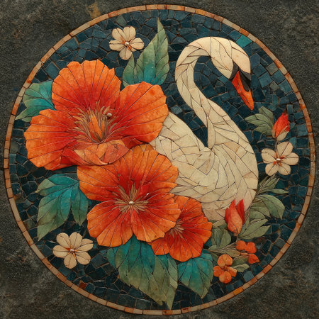 Mosaic of white and black tiles with an origami flower, one large orange petal in the center on top of which is sitting a swan. The composition forms two sides, one side has three leaves and other flowers and birds, all made from colored paper pieces. A dark background, a beautiful floral ornament, an art object for interior decoration. High resolution, high detail. --chaos 30 --stylize 750 --v 7 Job ID: dc1d5ddd-3dc1-4c23-8b6f-d5dfce0755bcの素材