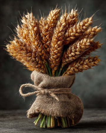 A bouquet of wheat sheaves tied together with twine, set against an isolated dark grey background. The ears of grain stand out vividly in the photograph, showcasing their natural texture and golden color. This composition creates a sense of simplicity and beauty that highlights both nature's artistry as well as marketable materials for use or decoration. --chaos 40 --ar 4:5 --stylize 750 --v 7 Job ID: d921bf96-2c6f-4797-94a3-8f0ac91d2035の素材