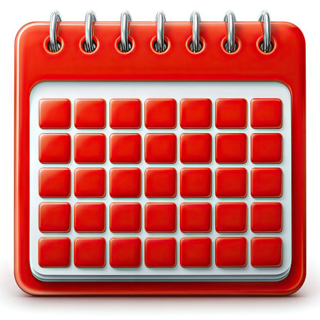A calendar icon with red squares on a white background, in a simple and minimalistic style, high resolution, professional illustration, realistic photography of the subject. White background. The calendar is a flat shape, with silver metal rings at each corner to make it look like an open notebook or daybook. Each square in the month should have its own color, arranged neatly together. This design gives off an elegant feel and makes for easy understanding without any text or inscription, in the style of a professional illustrator. --chaos 40 --v 7 Job ID: 7d5b42f9-aa2e-4b06-aefa-6e52e06825cbの素材