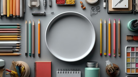 A blank white circle surrounded by school supplies, vector art illustration, clipart on a white background. --chaos 30 --ar 16:9 --stylize 750 --v 7 Job ID: ee66d778-79cc-4b52-9964-7459021e71eaの素材
