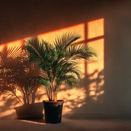 Photograph of a small potted palm plant, captured in the style of architectural photography. The plant is set against a black background, with the sun shining from the right side, casting long shadows on the left side. The image has a warm tonal palette and a minimalist, product-like composition with a close-up perspective. --chaos 30 --stylize 750 --v 7 Job ID: 1ccb571b-a3ad-46e1-8dc4-af3374b57f87の素材