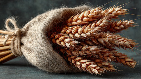 A bouquet of wheat sheaves tied together, against dark grey background, professional photography --chaos 30 --ar 16:9 --stylize 750 --v 7 Job ID: 00b135f6-5697-4d74-911d-8d01acb58a79の素材