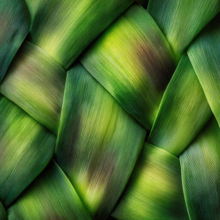 A close-up of the pattern formed by a woven basket made from fresh green leeks, showcasing their unique texture and color. The background is a soft white to highlight each individual leek tile in detail. --chaos 40 --v 7 Job ID: b9de50a1-5e2f-4643-b51b-2279edf59914の素材