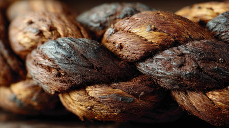 A close-up of the texture and details on an old, heavy rope with three strands. The thick, brown color creates a contrast against the background, emphasizing its ruggedness. The ropes appear to be coiled together in shallow waves or a patterned shape, suggesting their use as part of a harbor system. This photo highlights not just the beauty but also some history behind it. --chaos 30 --ar 16:9 --stylize 750 --v 7 Job ID: 6bb0108f-f0c4-45a9-b55e-d5f14ea6f510の素材