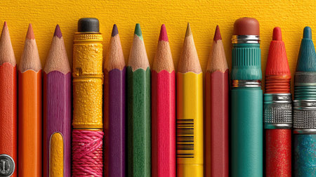 A colorful school supplies background with space for text on a yellow background, in a flat lay composition. The scene includes various stationery items like pencils and markers arranged in an aesthetically pleasing manner. There is copy space area at the top of the frame to add your own message or brand logo. This design creates a cheerful atmosphere suitable as a social media banner or header. --chaos 30 --ar 16:9 --stylize 750 --v 7 Job ID: 7f7148de-9018-4bb1-b0fa-8140c218fb6dの素材