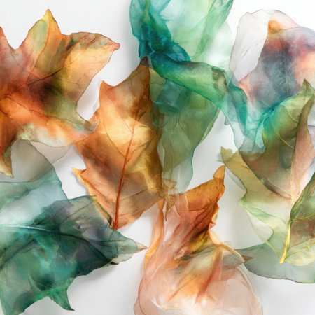 A close-up photo of colorful tulle fabric in the shape of leaves, on a white background. --chaos 40 --v 7 Job ID: 71e6e88c-884c-49de-a2f2-d1cd9e6ff9fbの素材