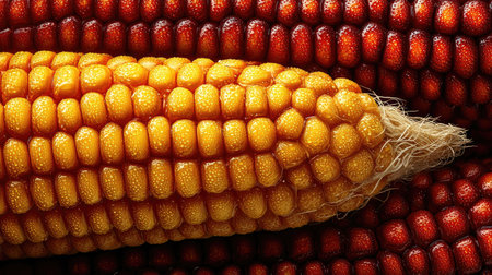 A close-up of yellow corn, with a symmetrical composition, bright colors, high saturation, captured with a macro lens, in soft light, with a static, fresh, and natural style. The background is pure white with clear details. The bright yellow color tone highlights the texture of the golden skin on each ear of sweet corn, with a focus on the milky liquid in the center, without any blur effect. This high-resolution, high-quality image would be suitable for packaging design or wallpaper use. --chaos 30 --ar 16:9 --stylize 750 --v 7 Job ID: 0ff0d39d-6470-4cdf-bb84-9895f252cddbの素材
