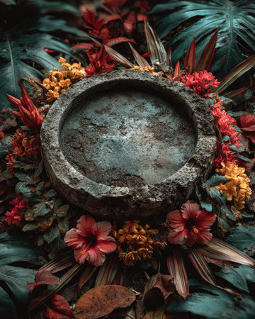 A flat, round, smooth, gray stone slab on the ground, surrounded by leaves and flowers, in a top-down view, for product photography. --chaos 40 --ar 4:5 --stylize 750 --v 7 Job ID: 545b5b64-6d7e-4b6d-8ccd-644572a5062fの素材