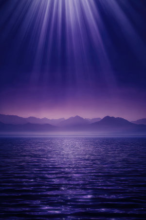 A dark blue and purple gradient background with rays of light shining down on the horizon, creating an ethereal atmosphere. In front is a smooth sea surface with ripples visible under the lighting effects. There's a distant mountain range in silhouette against the night sky. The overall mood evokes tranquility and mystery. --ar 85:128 --v 7 Job ID: 5c8f9481-8d86-4389-8262-a307da4a4d9bの素材