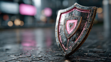 A detailed shield icon glowing with neon lights, set against the backdrop of an intricate circuit board pattern. The scene is illuminated by soft purple and blue lighting that casts gentle shadows on the surface below. This high-quality photograph captures every detail in sharp focus, showcasing both the technological complexity behind data security and its vibrant visual representation. --chaos 30 --ar 16:9 --stylize 750 --v 7 Job ID: 57d425f7-a80e-42bb-8fac-b6f250ac94d2の素材