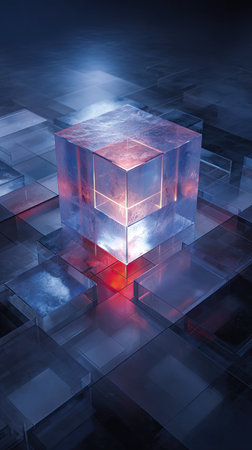 A glowing data cube on top of an abstract grid background, with vibrant blue and red lights illuminating the scene. The cube is made up of translucent glass-like structures that appear to float above a complex network of lines and squares in shades of dark gray and black. In its center stands another small box, also transparent, appearing almost ethereal against the surrounding glow. This dynamic composition creates a sense of depth within the minimalist design. --ar 9:16 --v 7 Job ID: 2825130d-f577-490d-b328-fba5331996cdの素材