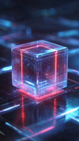 A digital cube with glowing lines and holographic effects, set against an abstract grid background. The cube is in the center of the frame, surrounded by neon blue light beams that create patterns on its surface. It's on top of a dark glass table, with reflections visible around it. There should be subtle red sparks scattered across the image to give depth. The overall mood will convey futuristic technology or data visualization. --ar 9:16 --v 7 Job ID: 0ed4039e-5180-4e06-8028-8d89aa643379の素材