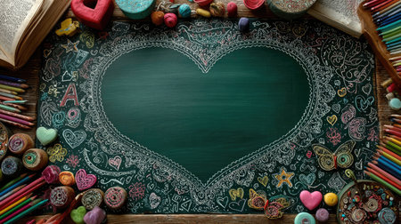 A cute chalkboard background with colorful chalk doodles of school icons like an A+ and heart, stars, butterfly, etc., on the border of a green board, for writing in your children's notebook or book cover design, in a flat lay. --chaos 30 --ar 16:9 --stylize 750 --v 7 Job ID: 3a7388f5-de1d-4daa-a5bf-33aa8e650694の素材