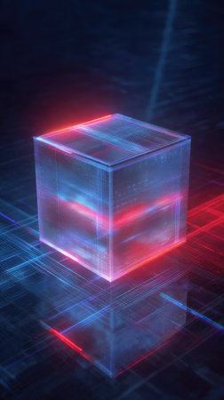 A digital cube with glowing lines and holographic effects, set against an abstract grid background. The overall color scheme is dark blue and red, creating a futuristic atmosphere. There's a small neon light shining on the top of one side of the box. --ar 9:16 --v 7 Job ID: 325d79bc-829b-4d9a-827e-091960f6c1efの素材