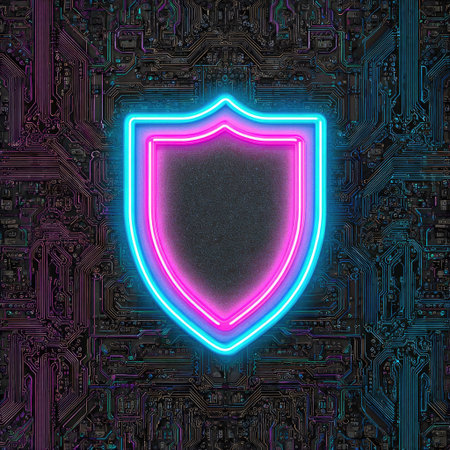 A glowing neon pink and blue shield icon on an intricate circuit board symbolizes the strength of digital security in the cyber world. --chaos 40 --v 7 Job ID: 5ec16917-35f8-45cc-a6f9-e6e90265b8ddの素材