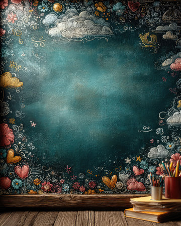 A green chalkboard background with colorful doodles of school icons like hearts, stars, and butterflies bordering the writing area. The top left corner is filled with small white outline drawing-style shapes such as smiley faces, clouds, flowers, or bubbles, adding fun to the design. A blank space in front for text fills most of the frame. It's a cute and playful cartoon illustration with pastel colors. In some places, there could be a thin black line on the bottom edge of the writing area to make it stand out more. --chaos 40 --ar 4:5 --stylize 750 --v 7 Job ID: 8a7bf1d8-9f75-4acc-a0fb-817214854448の素材