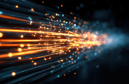 A high-speed data transfer visualized as glowing lines of light in motion, representing the fast, orange speed and technology behind it. The background is dark with blue lights and orange highlights. --ar 23:15 --v 7 Job ID: 1a4e41f3-a613-45e2-8e33-23625c8611b9の素材