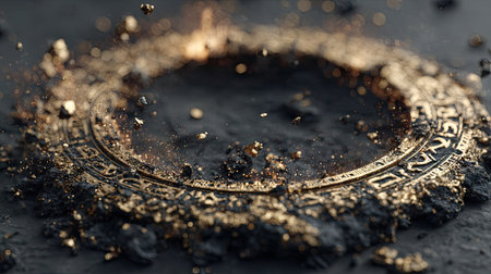 A golden, glowing circle of ancient symbols floats in space, surrounded by nebulae and stars, with an aura of mystical energy emanating from it. The background is dark and mysterious, adding to the sense that something powerful or divine lies within these ancient runes. This design would be suitable for use as cover art or title screen imagery in fantasy or mythological-themed video games or books, emphasizing cosmic elements and spiritual symbolism in the style of fantasy artists. --chaos 30 --ar 16:9 --stylize 750 --v 7 Job ID: 6af1f9f5-b3b4-488a-a932-9f94c737d892の素材