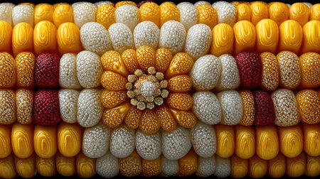A close-up of yellow corn, with a symmetrical composition, bright colors, high saturation, captured with a macro lens, in soft light, with a static, fresh, and natural style. The background is pure white with clear details. The bright yellow color tone highlights the texture of the golden skin on each ear of sweet corn, with a focus on the milky liquid in the center, without any blur effect. This high-resolution, high-quality image would be suitable for packaging design or wallpaper use. --chaos 30 --ar 16:9 --stylize 750 --v 7 Job ID: 0ff0d39d-6470-4cdf-bb84-9895f252cddbの素材