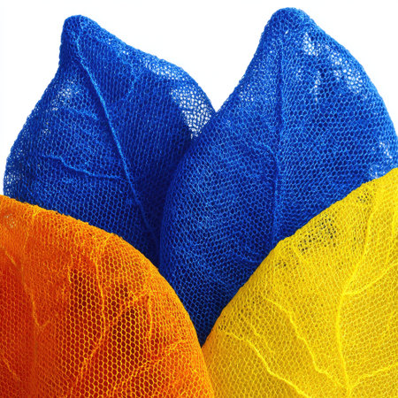 A close-up photo of colorful tulle fabric in the shape of leaves, on a white background. --chaos 40 --v 7 Job ID: 71e6e88c-884c-49de-a2f2-d1cd9e6ff9fbの素材