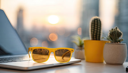 Laptop, yellow sunglasses, cacti, sunset viewの素材