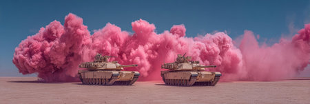 Two beige military tanks amidst a large cloud of pink smokeの素材