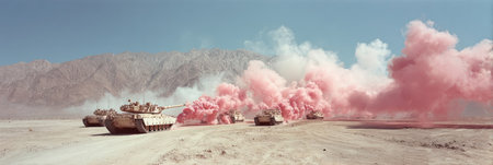 Desert military exercise with pink smokeの素材