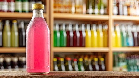 Pink beverage bottle on wooden counter, store backgroundの素材