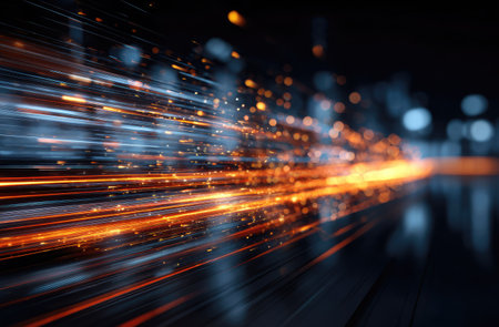 A high-speed data transfer visualized as glowing lines of light in motion, representing the fast, orange speed and technology behind it. The background is dark with blue lights and orange highlights. --ar 23:15 --v 7 Job ID: 1a4e41f3-a613-45e2-8e33-23625c8611b9の素材