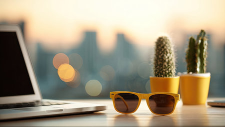 Laptop, sunglasses, cacti on a desk with city viewの素材