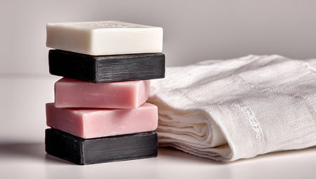 Stacked soaps and a white towelの素材