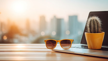 Laptop, cactus, sunglasses on a wooden table, city viewの素材