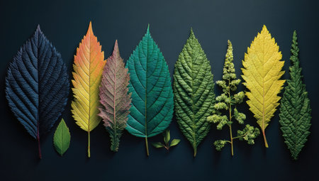 Colorful leaves in a horizontal arrangement against a dark backdropの素材