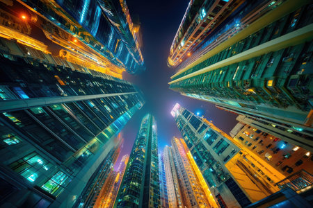 Night city skyline, looking up at illuminated skyscrapersの素材